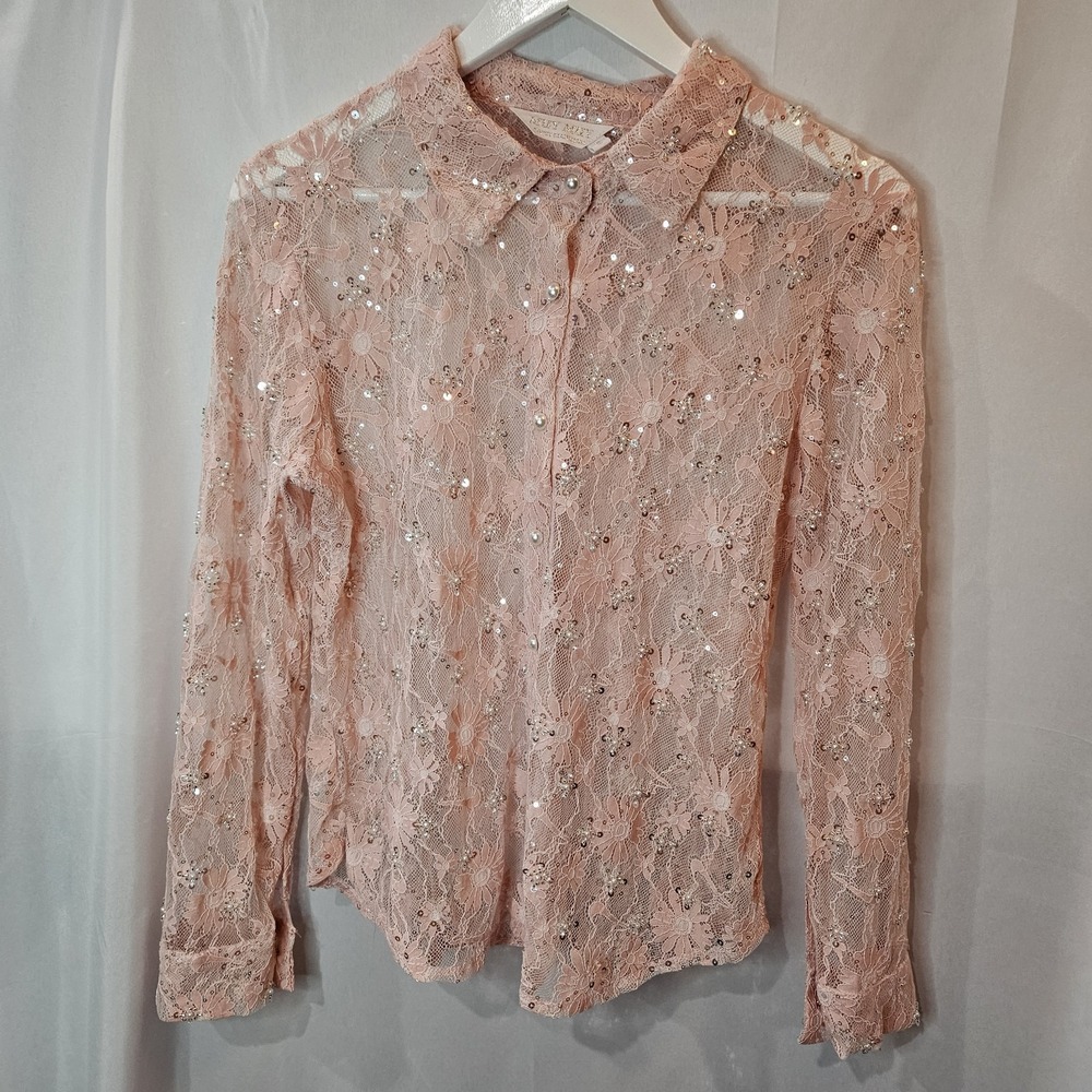 Muy Muy Pink Long Sleeve Button Up Sequin Lace Sz S Floral Sheer Feminine Fancy